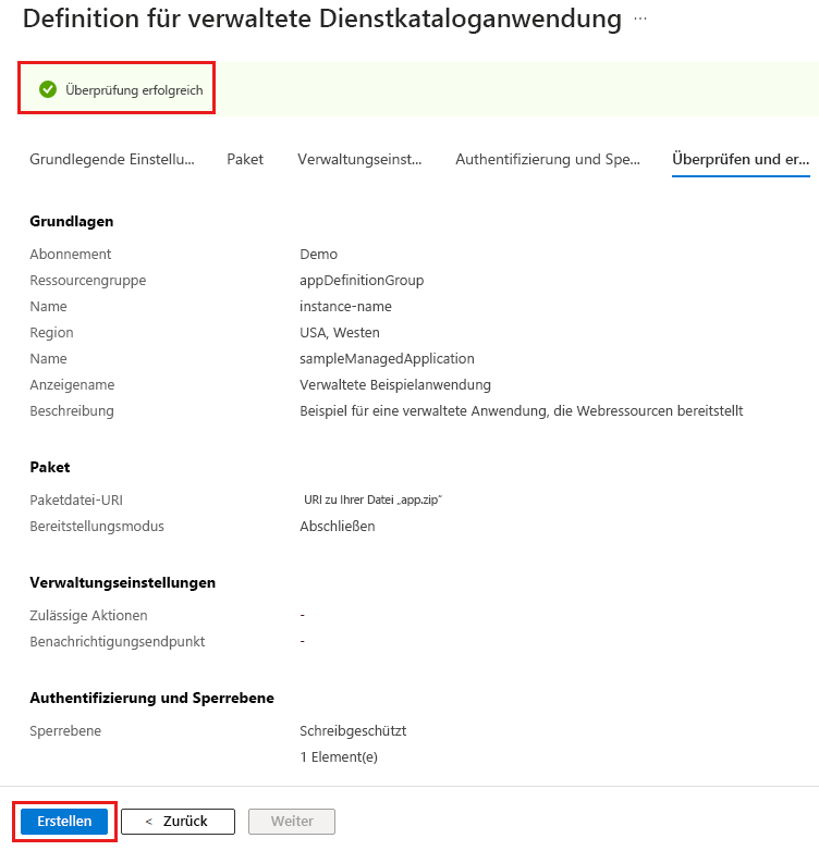 Screenshot des Portals, das zeigt, dass die Validierung für die Definition der verwalteten Anwendung erfolgreich war.
