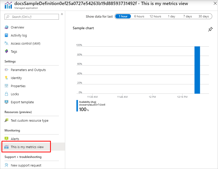 Screenshot einer Überwachungsseite namens „This is my metrics view“ (Ansicht „Meine Metriken“) für eine verwaltete Anwendung.