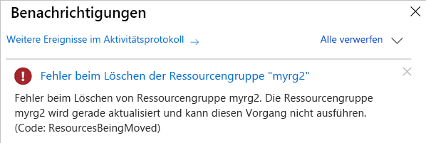 Screenshot: Im Azure-Portal wird eine Fehlermeldung angezeigt, wenn versucht wird, eine am laufenden Verschiebevorgang beteiligte Ressourcengruppe zu löschen.