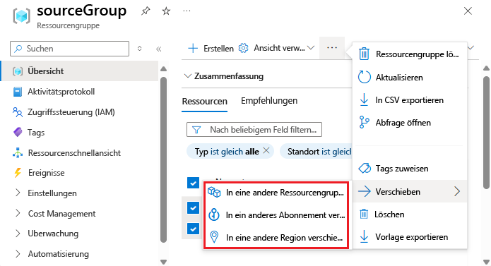 Screenshot: Azure-Portal mit der Schaltfläche „Verschieben“ mit drei Optionen.