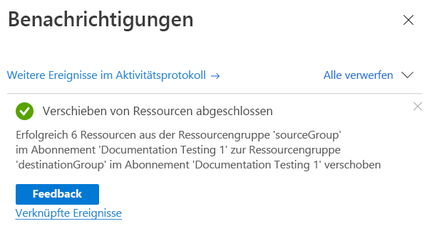 Screenshot: Im Azure-Portal wird eine Benachrichtigung mit den Ergebnissen des Verschiebevorgangs angezeigt.