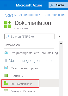 Screenshot: Azure-Menü „Previewfunktionen“