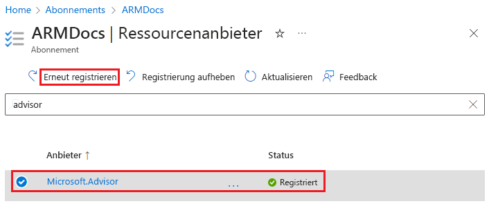 Screenshot: Erneutes Registrieren eines Ressourcenanbieters im Azure-Portal