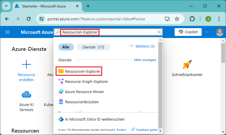 Screenshot: Auswählen von „Alle Dienste“ im Azure-Portal, um auf den Ressourcen-Explorer zuzugreifen