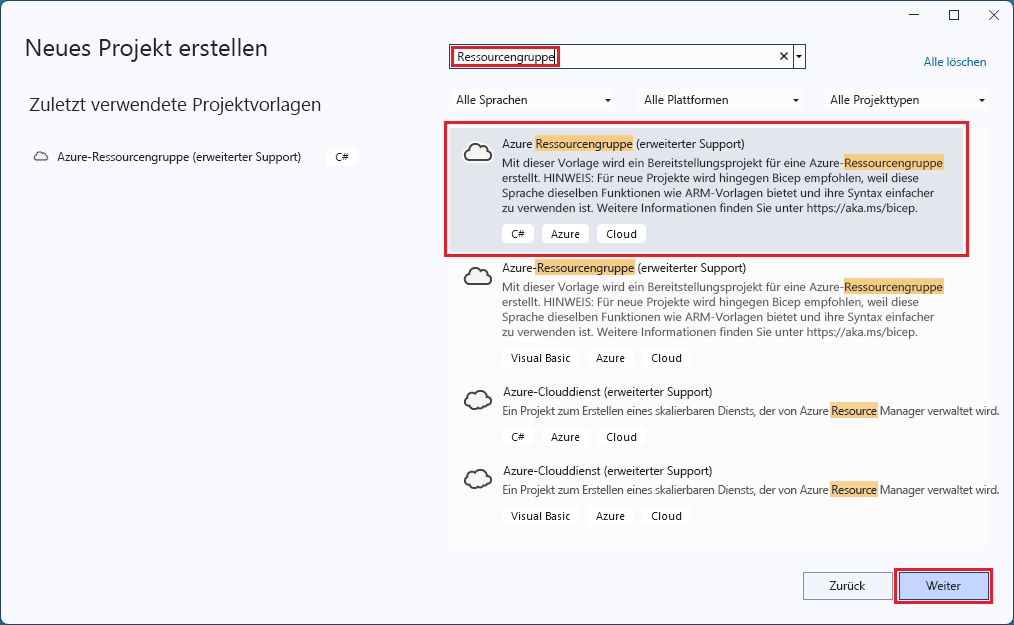 Screenshot des Fenster „Neues Projekt erstellen“, in dem die Azure-Ressourcengruppe und die Schaltfläche „Weiter“ hervorgehoben sind.