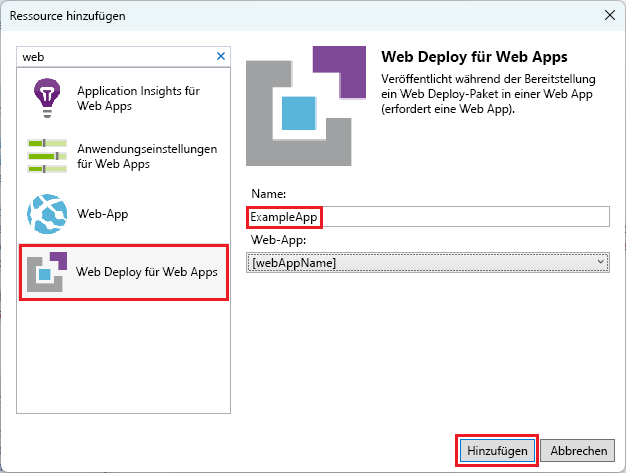 Screenshot des Fensters „Neue Ressource hinzufügen“ mit ausgewähltem Web Deploy für Web-Apps.