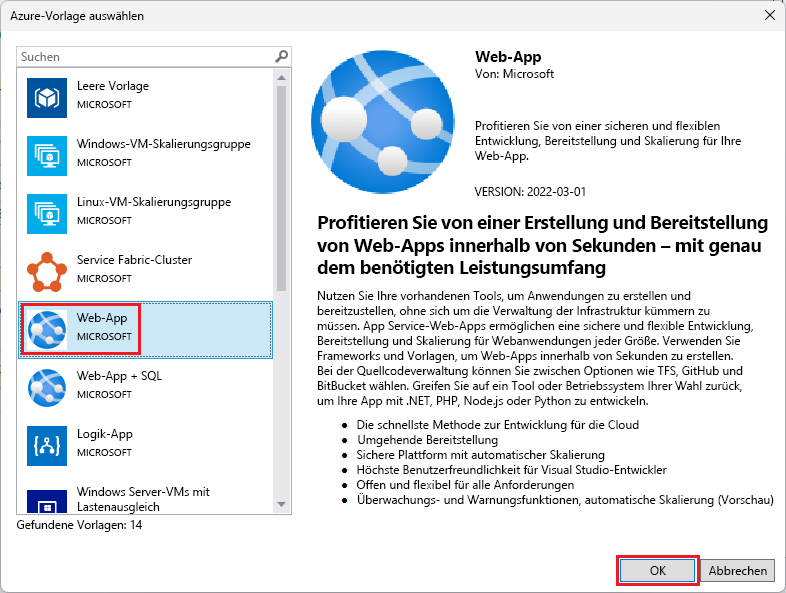 Screenshot des Fensters „Vorlagenauswahl“ mit der Web-App-Vorlage hervorgehoben.