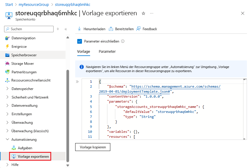 Screenshot des Exportierens einer einzelnen Ressource im Azure-Portal.