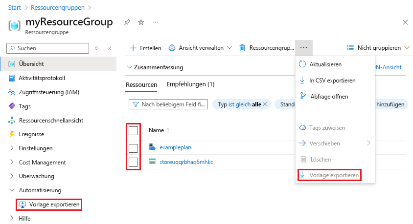 Screenshot der Auswahl aller zu exportierenden Ressourcen im Azure-Portal.