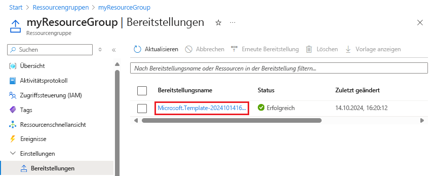 Screenshot der Auswahl einer bestimmten Bereitstellung im Bereitstellungsverlauf im Azure-Portal.