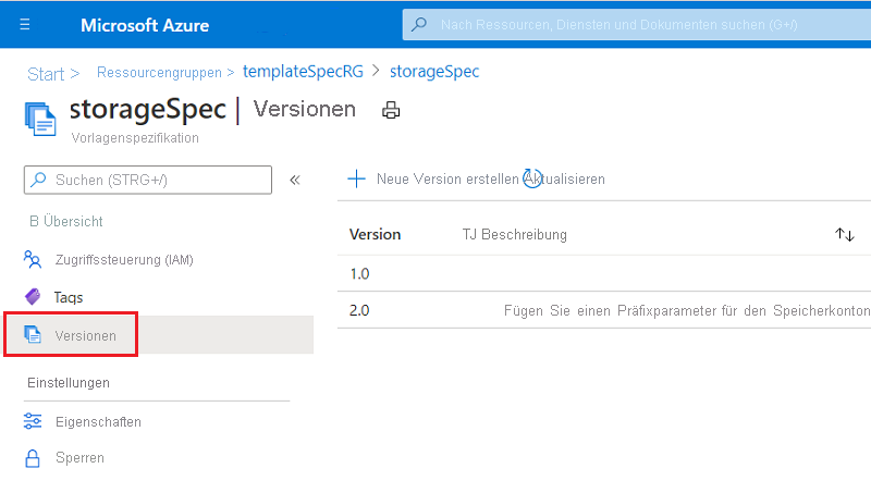 Screenshot der Registerkarte „Versionen“ in den Details der Vorlagenspezifikation.