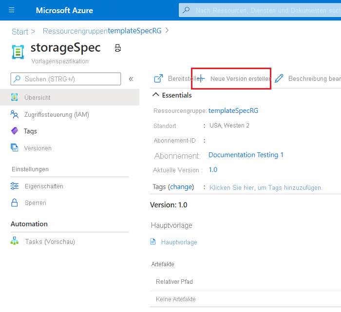 Screenshot der Schaltfläche „Neue Version erstellen“ in den Details der Vorlagenspezifikation.