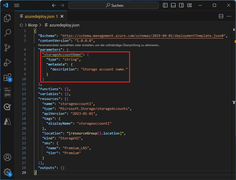 Screenshot: Vollständiger Parameter in einer ARM-Vorlage
