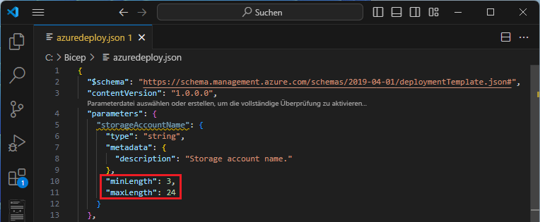 Screenshot: Hinzufügen von „minLength“ und „maxLength“ zu einem ARM-Vorlagenparameter