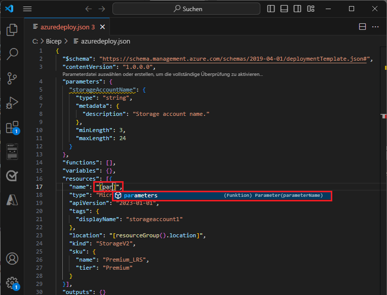 Screenshot: Automatische Vervollständigung bei Verwendung von „parameters“ in ARM-Vorlagenressourcen.