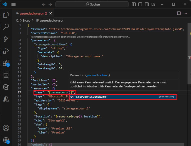 Screenshot: Vollständiger Parameter in einer ARM-Vorlagenressource