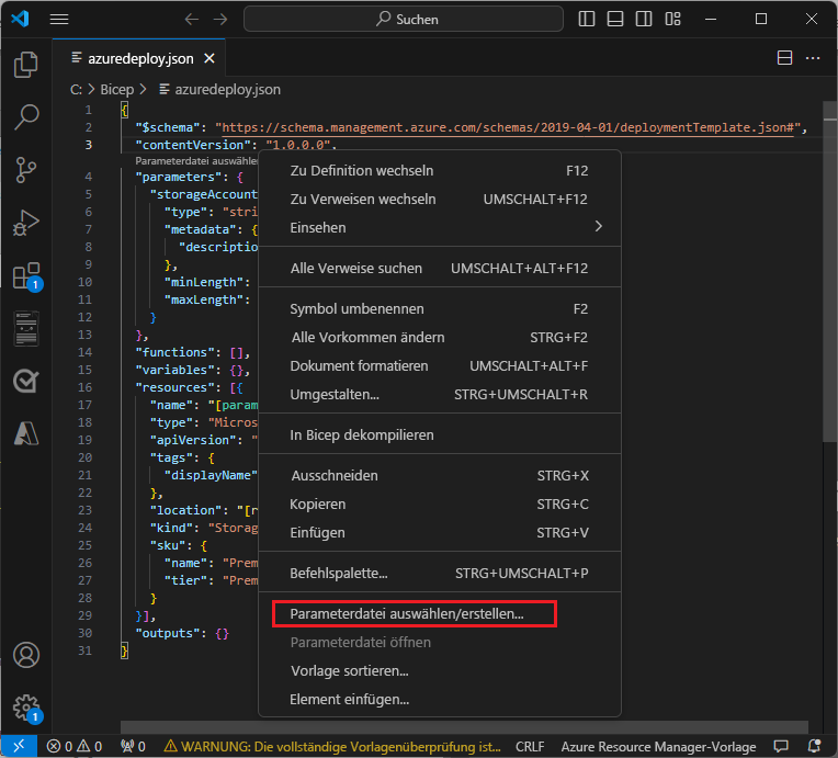 Screenshot: Erstellen einer Parameterdatei auf der Grundlage einer ARM-Vorlage mittels Rechtsklick
