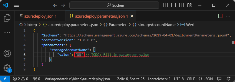 Screenshot: Ungültige Vorlage aufgrund eines Problems mit der Parameterdatei