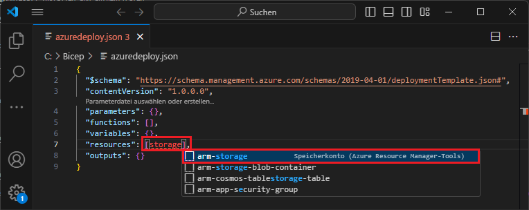 Screenshot: Hinzufügen einer Ressource zur ARM-Vorlage
