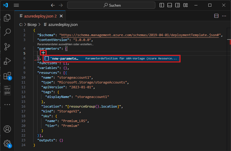 Screenshot: Hinzufügen eines Parameters zur ARM-Vorlage
