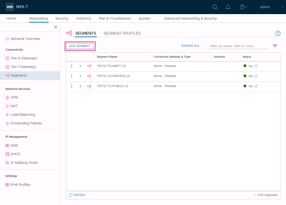 Screenshot, der zeigt, wie Sie ein neues Segment in NSX Manager hinzufügen.