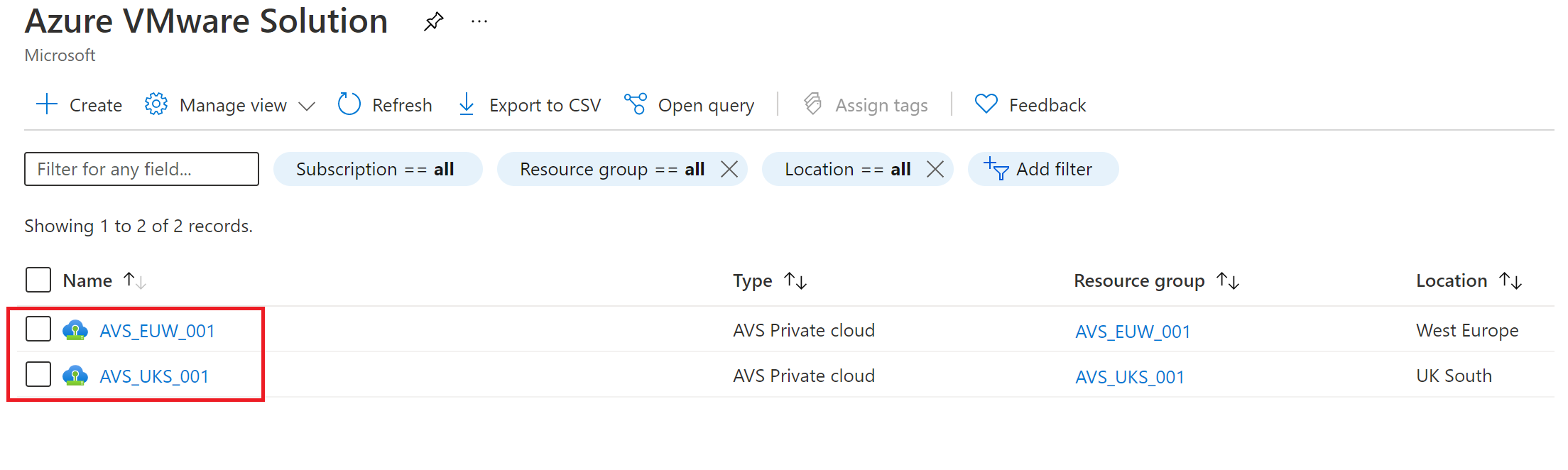 Screenshot: zwei private Azure VMware Solution Clouds in separaten Regionen