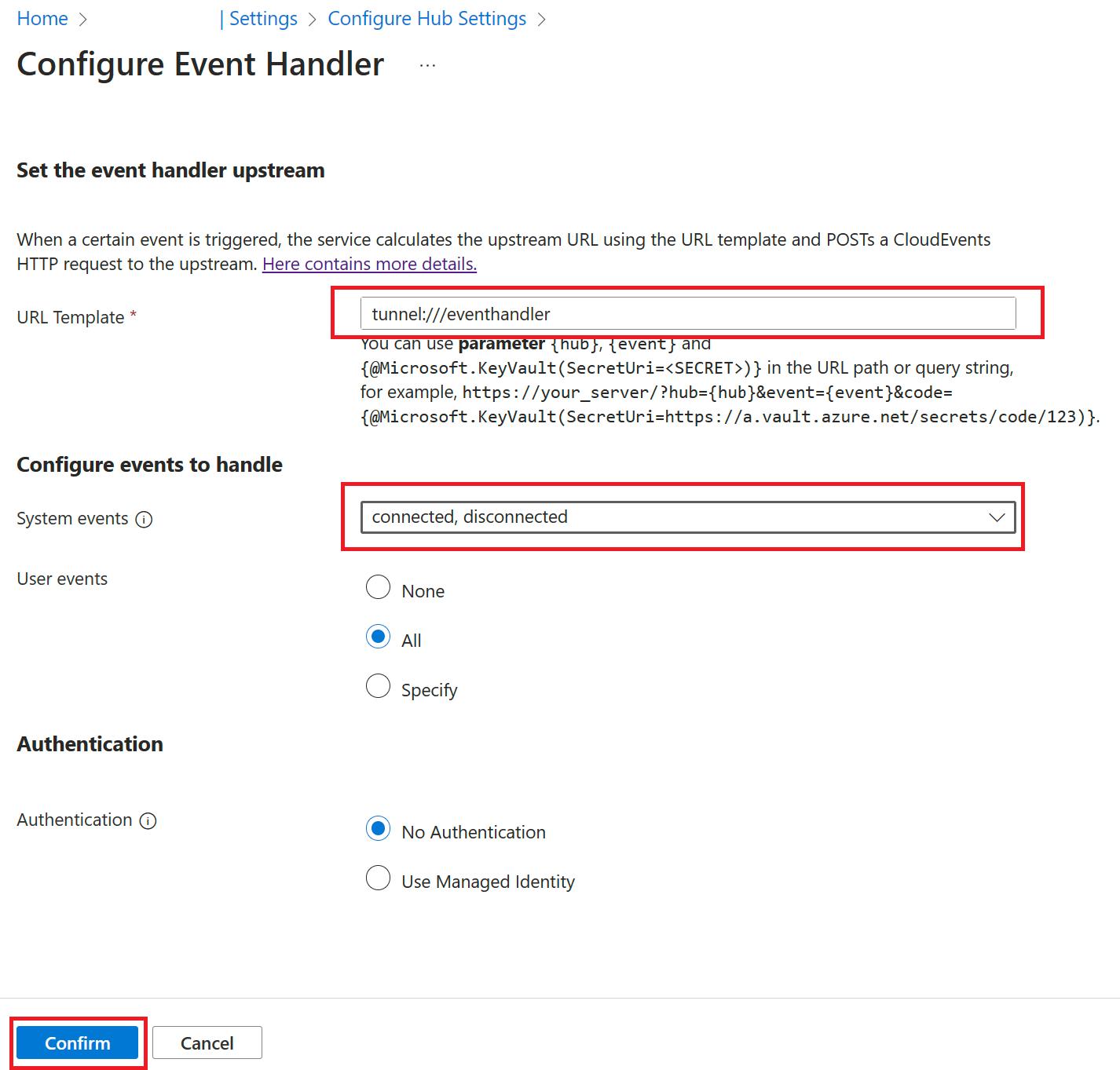 Screenshot mit Details auf der Azure Web PubSub-Seite „Ereignishandler konfigurieren“