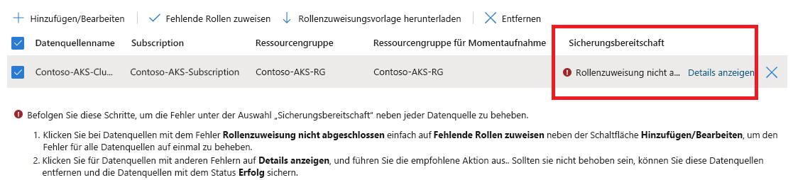 Screenshot: Überprüfungsfehler, wenn die erforderlichen Berechtigungen nicht zugewiesen sind