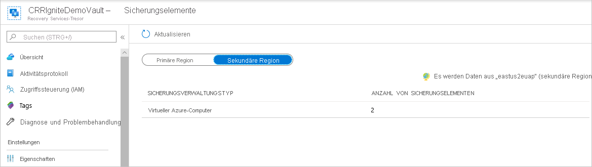 Auswählen der sekundären Region