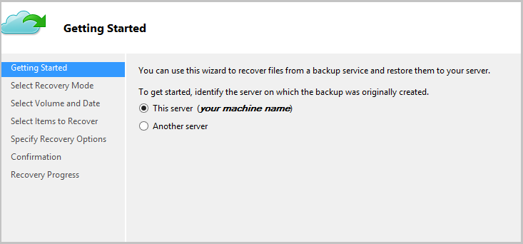 Auswählen der Option „Dieser Server“ zum Wiederherstellen der Daten auf dem gleichen Computer