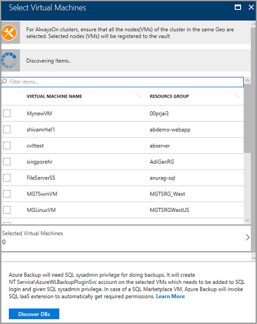 Ausstehende Sicherung bei der Suche nach Datenbanken in VMs