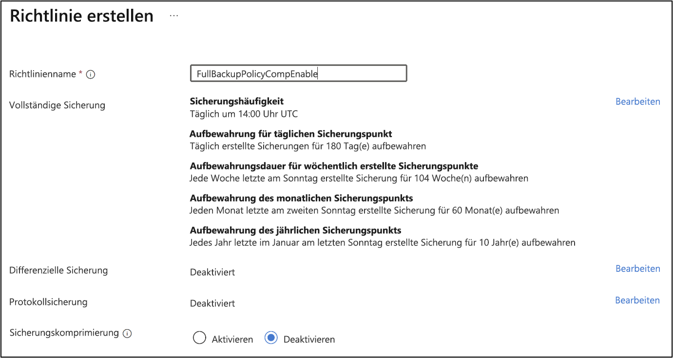 Screenshot: Erstellen einer Sicherungsrichtlinie