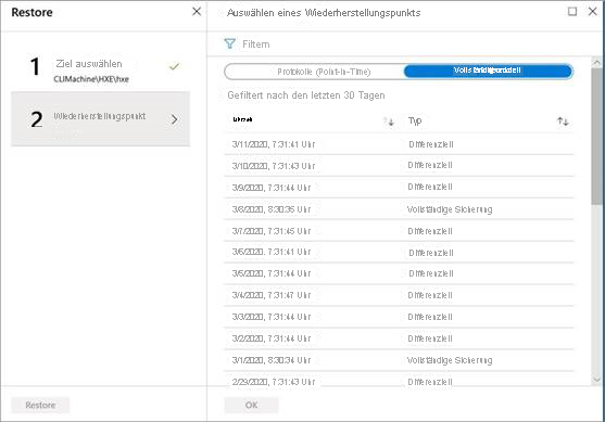 Screenshot einer Liste mit Wiederherstellungspunkten.