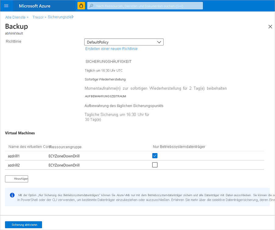 Konfigurieren der ausschließlichen Sicherung des Betriebssystemdatenträgers