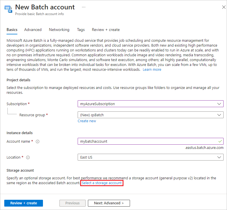 Screenshot der Seite „Neues Batch-Konto“ im Azure-Portal.