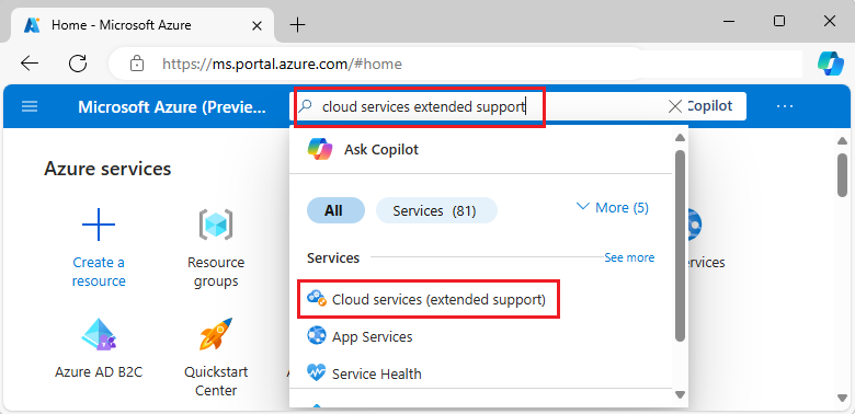 Screenshot: Suchen nach Cloud Services (erweiterter Support) im Azure-Portal und Auswählen des Ergebnisses