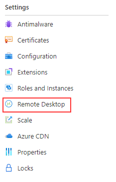 Die Abbildung zeigt das Auswählen der Option „Remotedesktop“ im Azure-Portal.