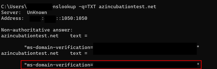 Ergebnisse einer nslookup-Abfrage zum Lesen der TXT-Einträge für Ihre benutzerdefinierte Domäne