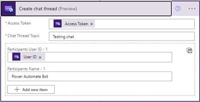 Screenshot: Aktionsdialogfeld „Chat-Thread erstellen“ des Chat-Connectors von Azure Communication Services