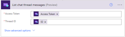 Screenshot: Aktionsdialogfeld „Chat-Thread-Nachrichten auflisten“ des Chat-Connectors von Azure Communication Services
