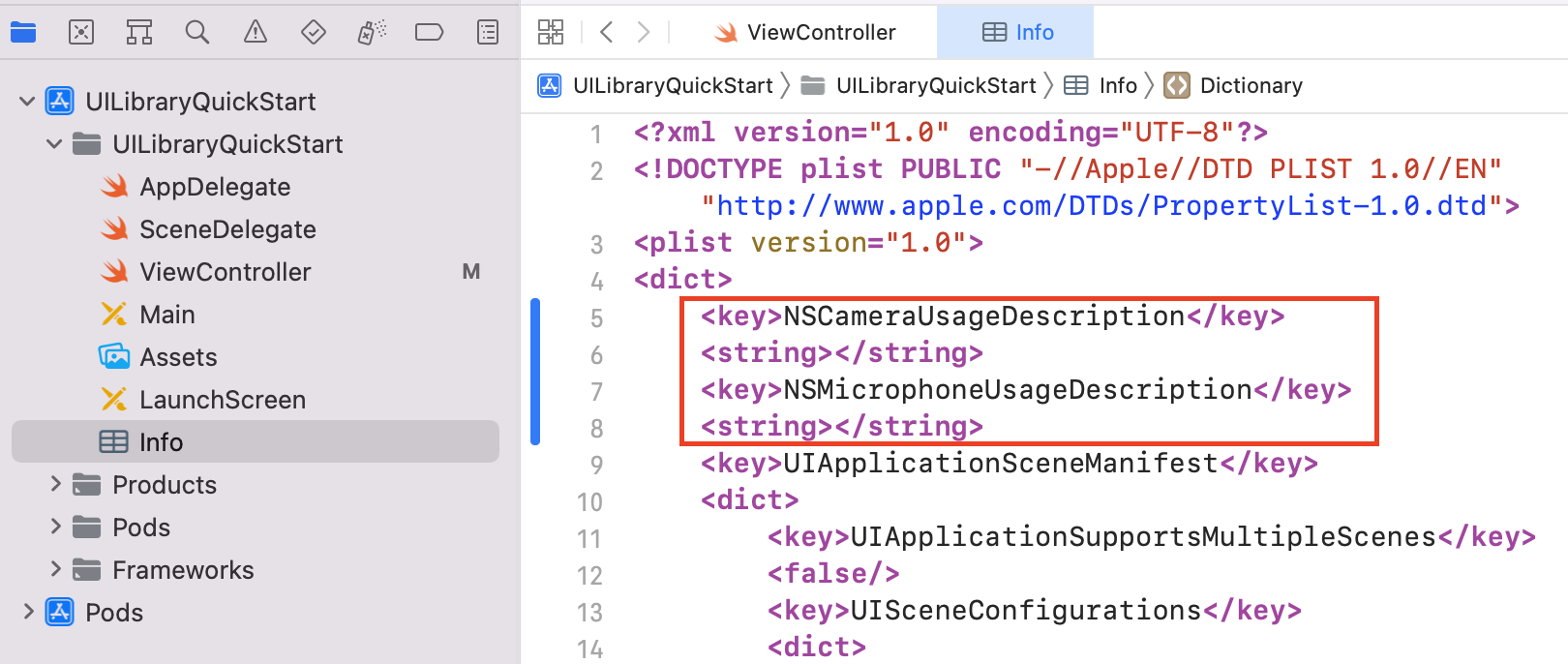 Screenshot: Beispiel für den info.plist-Quellcode in einer Xcode-Datei