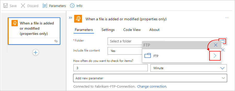 Screenshot: der Designer für Logik-App-Workflows im Tarif „Standard“, ein verwalteter FTP-Connectortrigger und die Eigenschaft „Ordner“, bei der zum auszuwählenden Ordner navigiert wird.