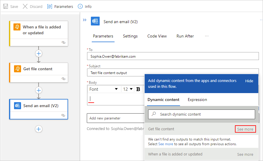 Screenshot: Designer für den Workflow im Tarif „Standard“, Aktion „E-Mail senden“ und geöffnete dynamische Inhaltsliste mit neben „Dateiinhalt abrufen“ ausgewählter Option „Mehr anzeigen“.