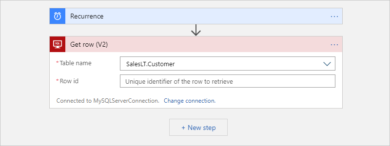 Screenshot: Designer für den Workflow im Tarif „Verbrauch“ und Aktion „Zeile abrufen“ mit dem Beispieltabellennamen und leerer Zeilen-ID