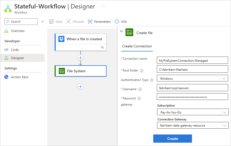 Screenshot: Verbindungsinformationen für die verwaltete Connector-Aktion „Dateisystem“.