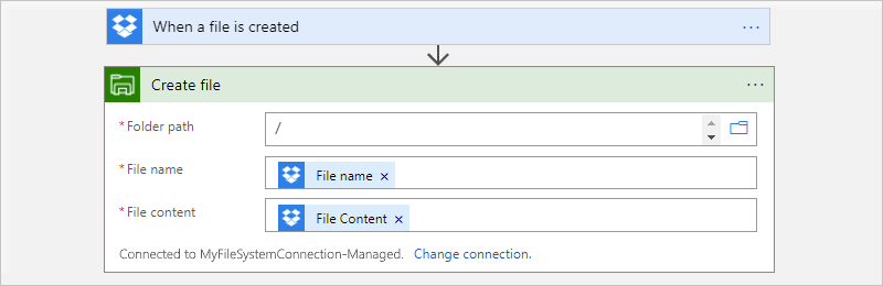 Screenshot des Verbrauchs-Workflow-Designers und der Aktion „Datei erstellen“ des verwalteten Dateisystem-Connectors