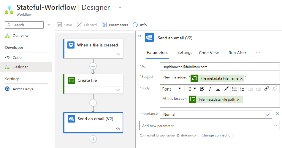 Screenshot: Standard-Workflow-Designer und die Aktionen „Datei erstellen“ und „E-Mail senden“ des integrierten Connectors.