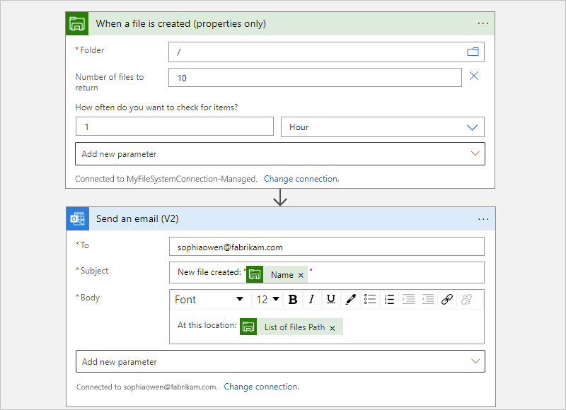 Screenshot des Verbrauchs-Workflow-Designers, des verwalteten Connectors „Wenn eine Datei erstellt wird“ und der Aktion „Eine E-Mail senden“