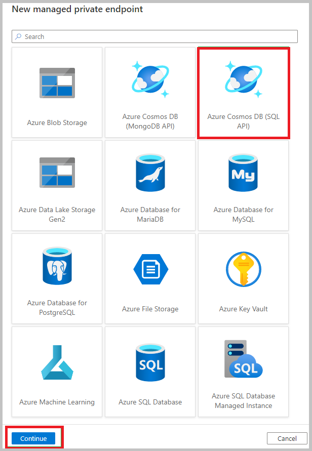 Auswählen der Azure Cosmos DB-API für NoSQL zum Erstellen eines privaten Endpunkts.