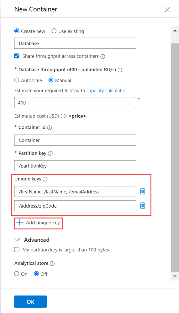 Screenshot von Einschränkungseinträgen für eindeutige Schlüssel im Azure-Portal